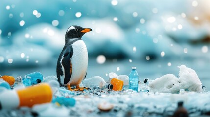 Naklejka premium A solitary penguin stands on a polluted beach scattered with plastic debris, showcasing the urgent need for environmental awareness and conservation efforts to protect marine wildlife and ecosystems.
