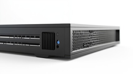 Modern Network Server Close-up with Sleek Design and Advanced Cooling System on White Background