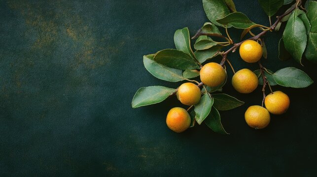 Nespera fruit cluster on branch with green leaves against a textured dark background showcasing vibrant colors and natural freshness.