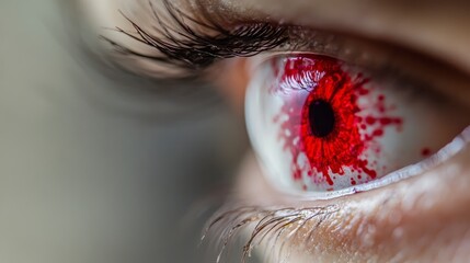 Fototapeta premium Close up of a Human Eye with Blood Splatter Effect Dramatic Red Iris Horror Theme