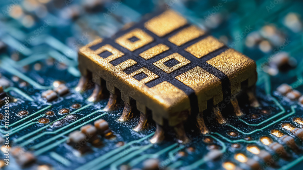 Poster microchip on circuit board: a close-up shot of a microchip on a circuit board, showcasing the intric