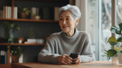 Elegant 60-Year-Old Woman Using Smartphone in a Warm, Minimal Interior