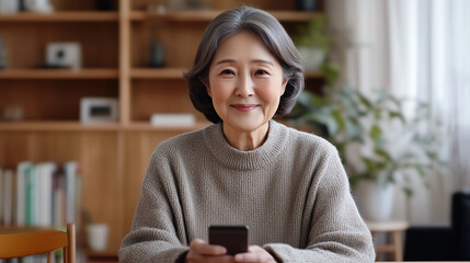 Elegant 60-Year-Old Woman Using Smartphone in a Warm, Minimal Interior