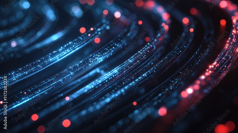 Poster fiber optic cables illuminated with vibrant blue and red lights in a dynamic abstract technology bac