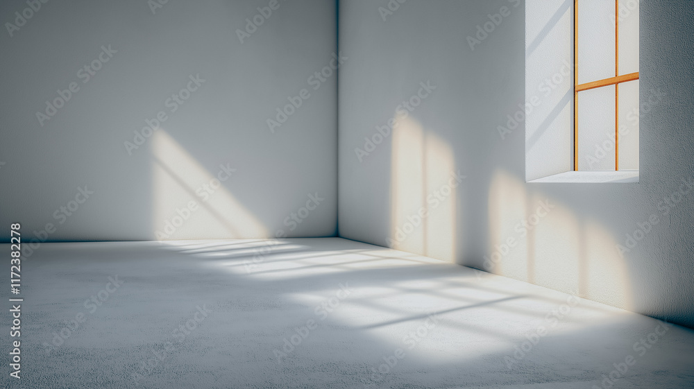 Poster Sunlight Streaks Through Empty Room: Sunlight streams through a single window, casting long shadows across the empty room, creating a minimalist and serene atmosphere.  
