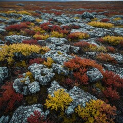 A tundra with patches of colorful lichens.