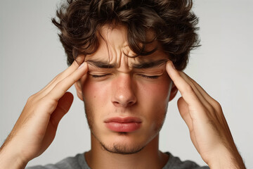 Close-up portrait of a young man expressing discomfort with his hands on his temples, showing signs of headache or stress