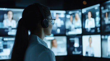 Multilingual Call Center Professional Engaging with Diverse Clients Across Multiple Monitors in a Modern Workspace