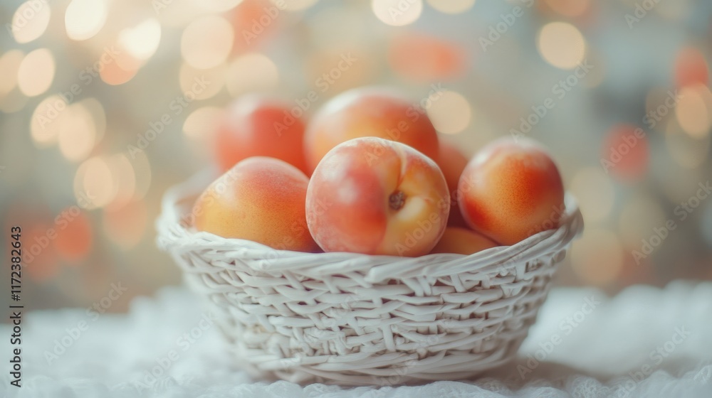 Aufkleber nectarines in a white basket with soft focus and blurred background creating a warm and inviting atm