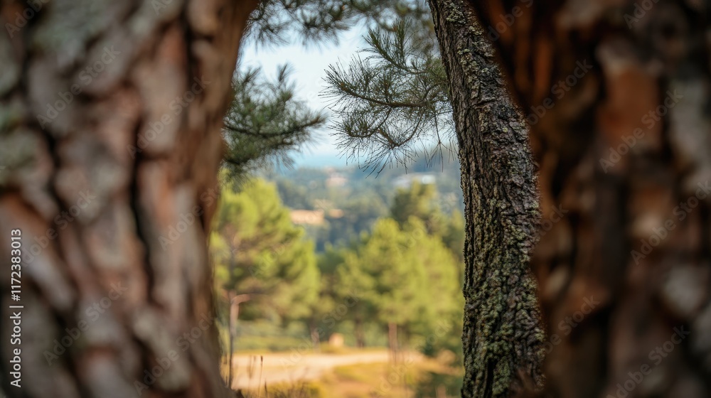 Poster tree trunks create a natural frame showcasing a serene view of distant greenery and lush nature in t