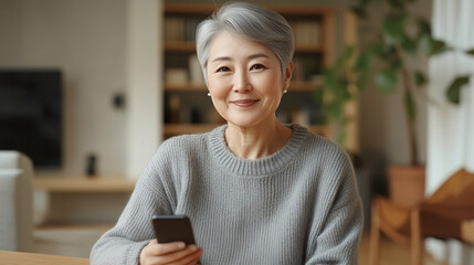 Elegant 60-Year-Old Woman Using Smartphone in a Warm, Minimal Interior