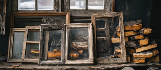 Rustic wooden window frames stacked with firewood creating a warm atmosphere ideal for heating and...