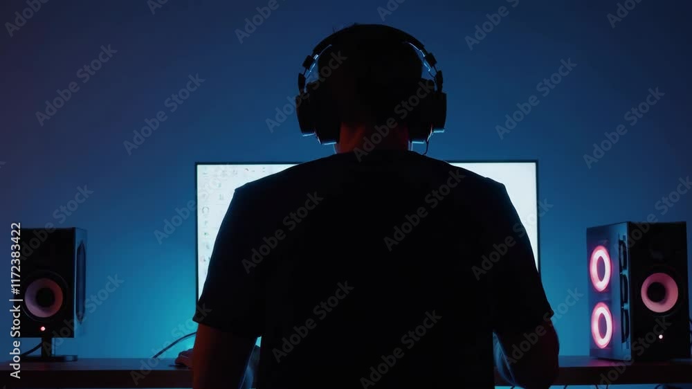 Poster man working with computer monitor footage in dimly lit room