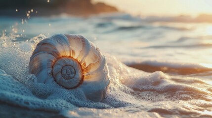 Nautilus shell resting in surf with soft wave action and warm sunlight illuminating its spiral structure in a serene coastal setting