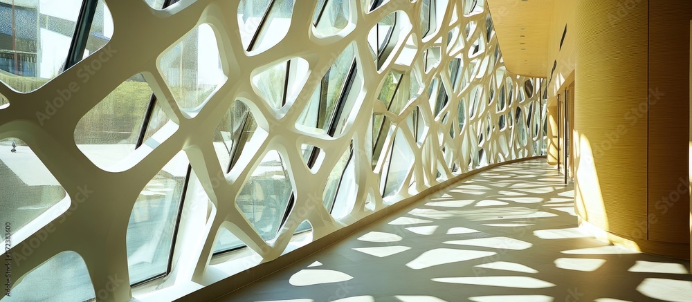 Poster dimensional window structure with intricate geometric patterns highlighting contemporary architectur