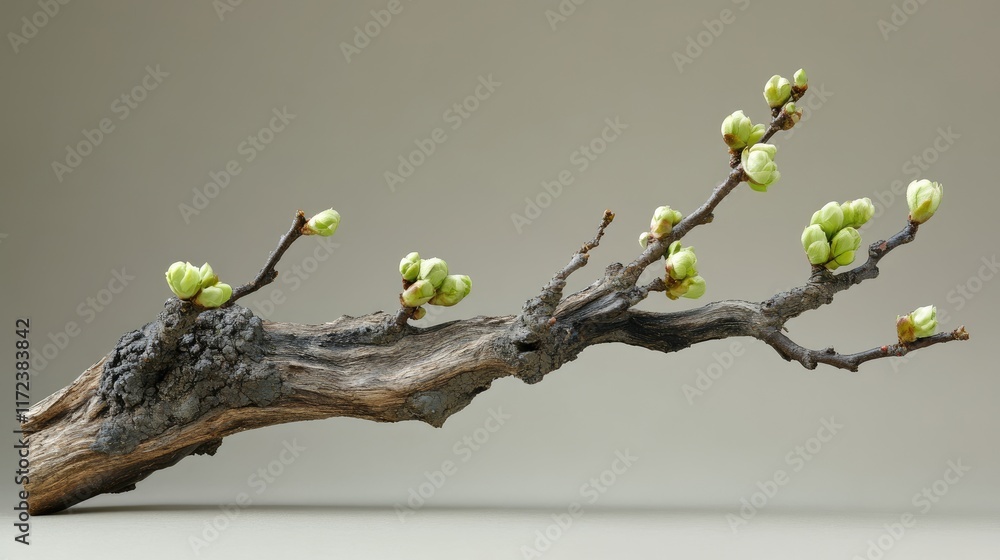 Poster fresh green buds sprouting on a textured branch symbolizing new growth and the arrival of spring in 