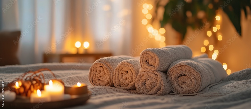 Poster cozy bed setting with neatly arranged towel rolls creating an inviting atmosphere of relaxation and 
