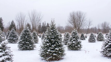 Fototapeta premium Christmas Trees Blanketed in Snow on a Winter Landscape with Overcast Sky and Bare Trees in the Background
