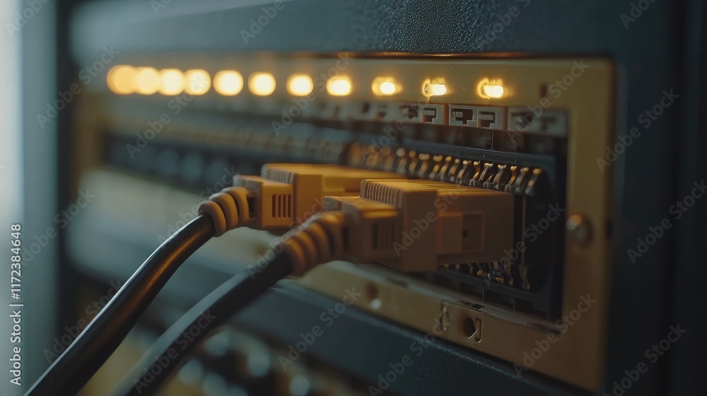 Poster close-up view of network cables connected to a core switch in a data center showcasing modern techno