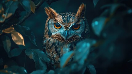 Obraz premium Common Scops Owl camouflaged in lush green foliage amidst dark forest setting showcasing wildlife and natural beauty