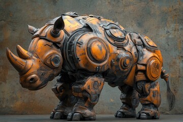 Robot Rhinoceros Sculpture Showcases Futuristic Design With Metallic Textures and Intricate...