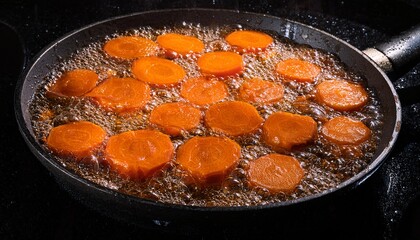 top view of sliced carrot frying in bubbling hot oil with golden crispy textures and vibrant orange...