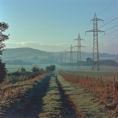 Obraz premium Power lines over rural path at sunrise, misty valley background