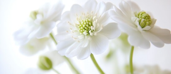 Obraz premium Elegant white flowers in a soft focus, creating a serene atmosphere perfect for home decor or floral arrangement themes in contemporary settings.