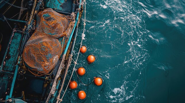 Fishing nets and floats arranged at the water's edge on a fishing boat showcasing marine equipment and tranquil ocean environment