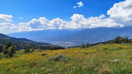 Fototapeta premium Mountain landscape with blooming wildflowers under a bright blue sky and clouds in the distance, showcasing natural beauty and serenity.