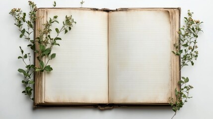 Open Book with Blank Pages Surrounded by Fresh Greenery on a White Background Ideal for Creative Writing and Nature Themes