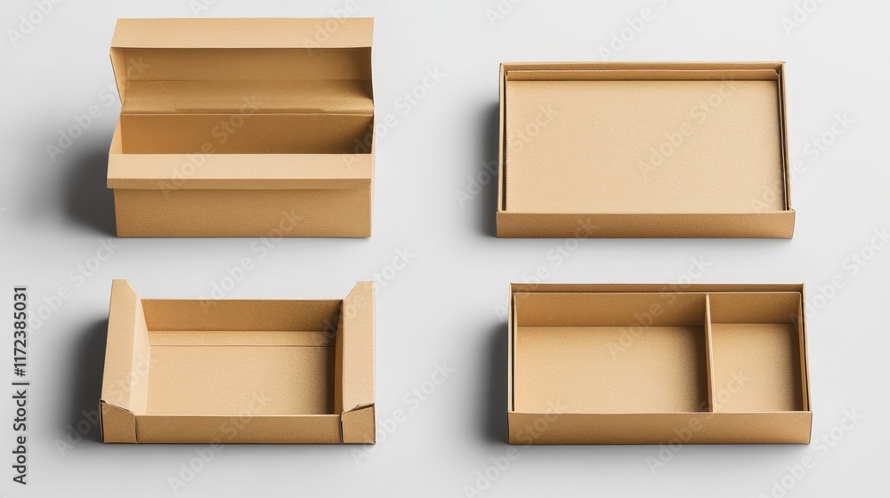 Poster various open and closed cardboard boxes displayed on a neutral background showcasing different shape