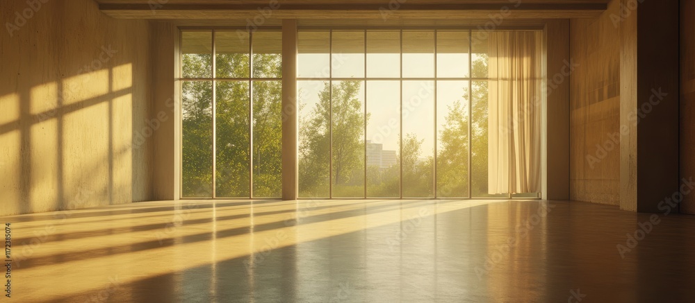 Poster serene empty interior bathed in natural light with reflections creating a tranquil atmosphere for so