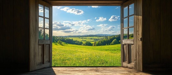 Open doors showcasing a serene countryside landscape bathed in sunlight inviting peace and natural beauty through the threshold of a rustic home