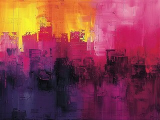 Abstract Cityscape Painting Purple Pink Yellow Orange Hues