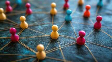 Colorful game pieces connected by rubber bands illustrating networking and interpersonal relationships in a collaborative environment.