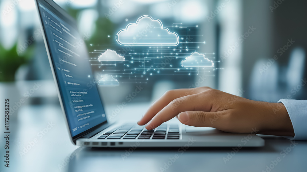 Poster cloud computing: a close-up of a hand typing on a laptop with cloud icons floating above it. the ima