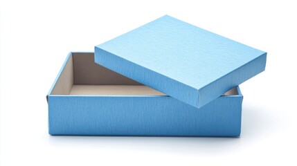 Blue cardboard box with lid open on white background showcasing neutral interior for packaging and storage concepts
