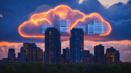 Cloud Computing Over Cityscape: A glowing cloud symbol hovers over a modern cityscape, symbolizing the expansive reach and interconnectedness of cloud computing technology.