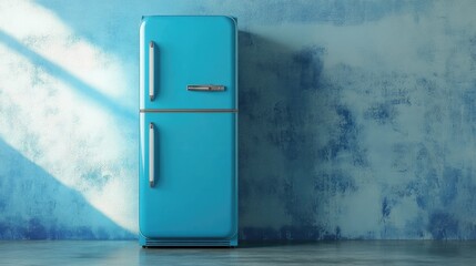 Vintage Style Blue Refrigerator in Bright Modern Kitchen Interior with Textured Walls and Natural Light
