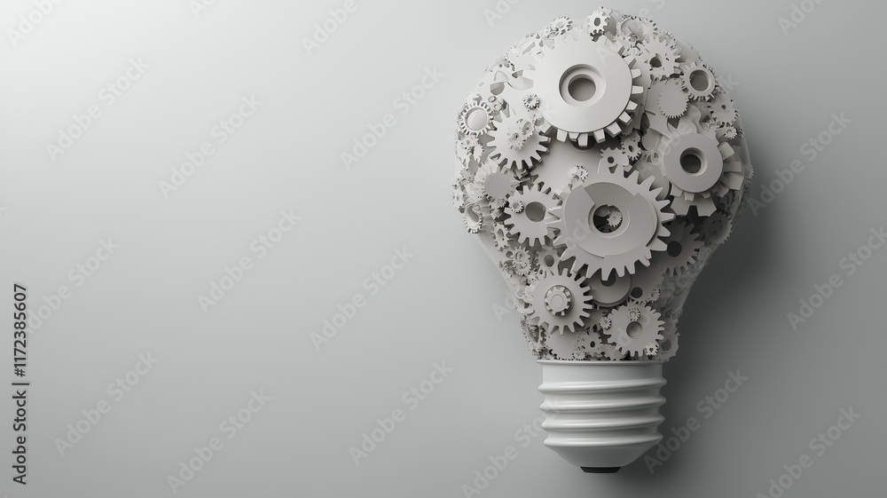 Poster ingenious mechanism: a lightbulb meticulously crafted from interlocking gears, symbolizing innovatio