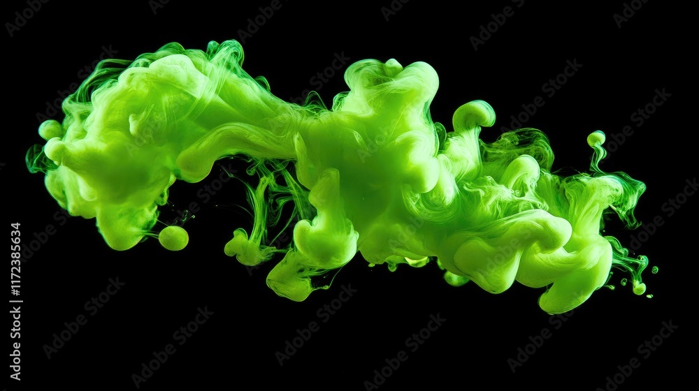 Poster vibrant green ink swirling in water creating dynamic abstract shapes in a minimalist style on a blac
