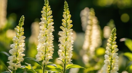 Fototapeta premium Neustanthus flower blooming in nature with soft sunlight highlighting delicate white blossoms and vibrant green foliage.