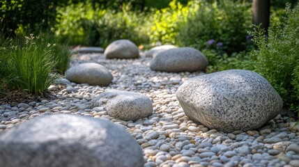 Tranquil riverside scene featuring smooth stones along a serene natural pathway surrounded by lush greenery and soft sunlight.