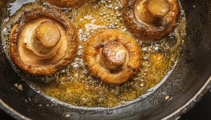 Obraz premium top view of multiple whole mushrooms frying in bubbling hot oil with golden crispy textures and caramelized surfaces 