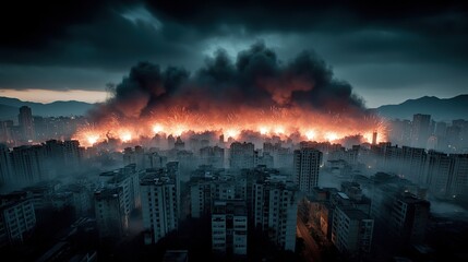 Dramatic Cityscape with Explosions and Darkness Over Urban Landscape