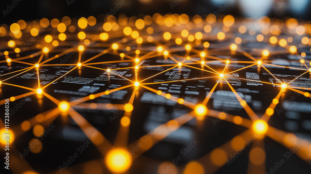 Poster interconnected network: a mesmerizing network of glowing nodes connected by lines of light, illumina