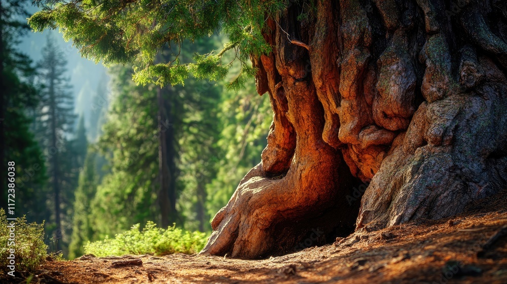 Poster majestic tree trunk with intricate bark surrounded by lush greenery in a serene forest setting baski