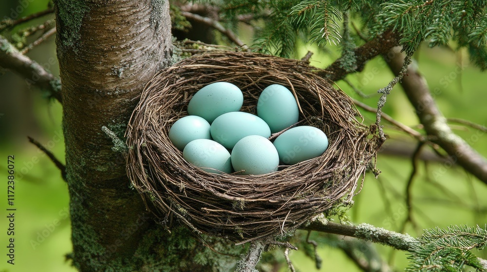 Poster nest filled with blue eggs resting on a tree branch surrounded by lush green foliage in a serene nat