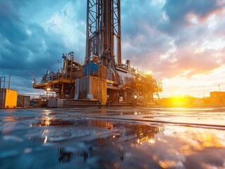 Oil rig at sunset, reflecting in wet ground.